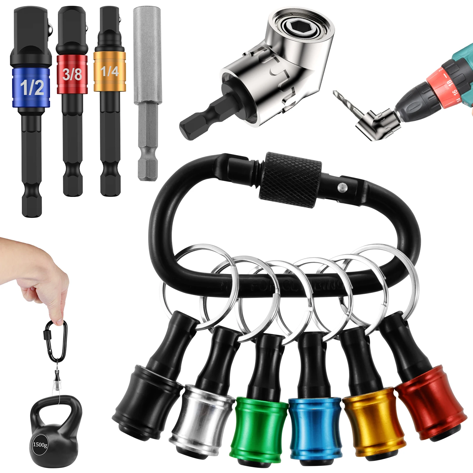

12/7Pcs Bit Holder Key Chain with 1/4" 3/8" 1/2" Socket Adapter Set Electrician Tools Quick Change for Nut Screwdriver Drill Bit