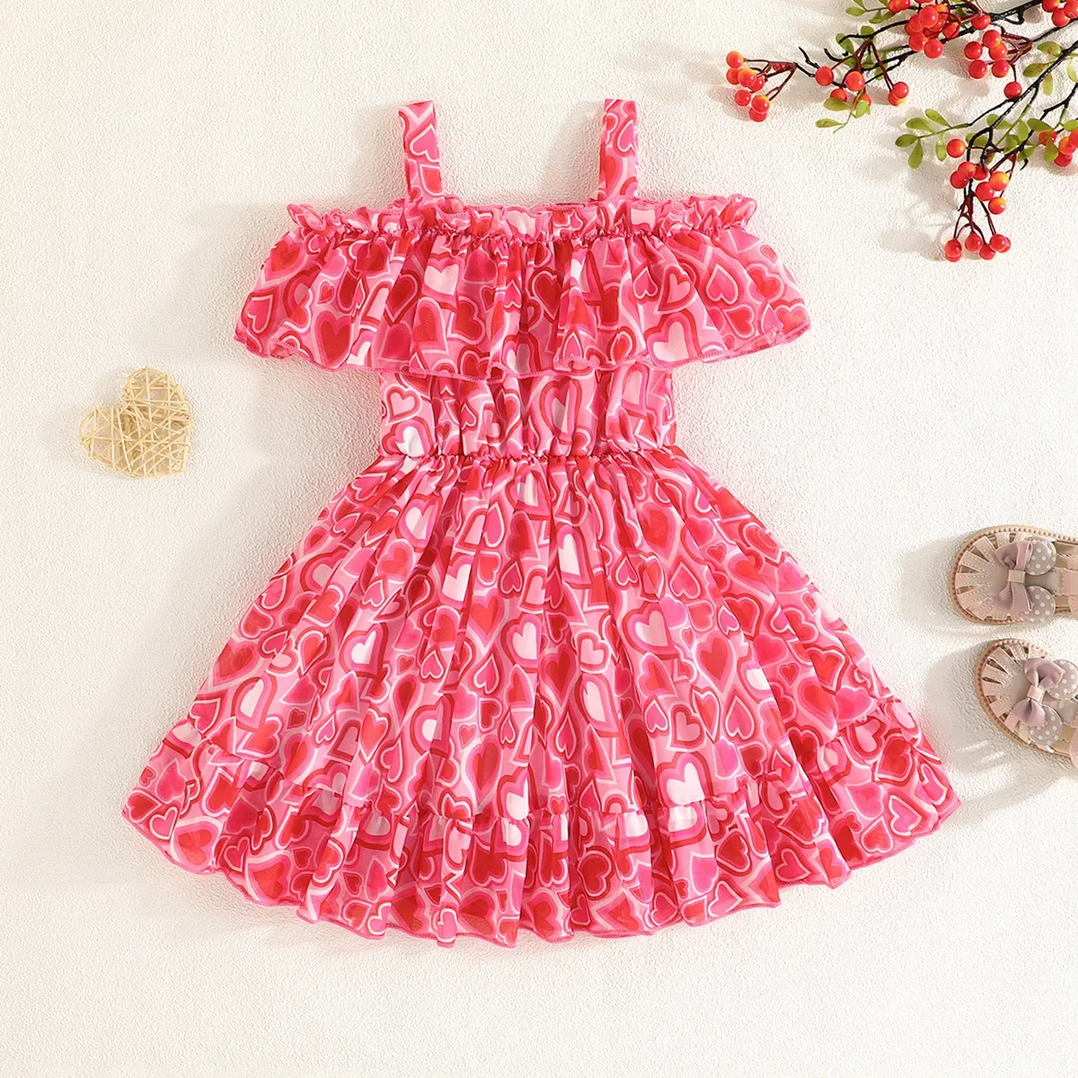 

New 2024 Girls Fashion Summer Dress Heart Print Sleeveless Ruffles Loose Chiffon A-line Dresses Children's Casual Clothing