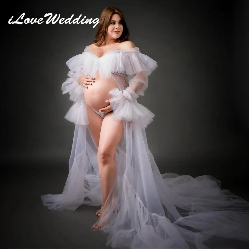 ILoveWedding Sexy Maternity Dresses Sleepwear See Through Off the Shoulder A Line Photoshoot Boudoir Lingerie Bathrobe Nightwear