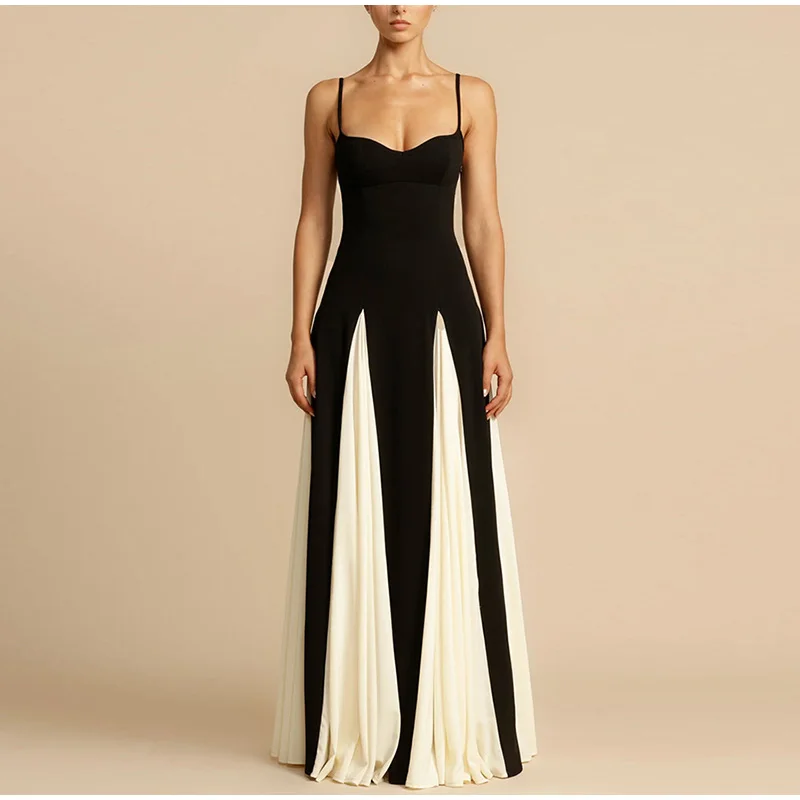 Fashion Patchwork Strap Maxi Dress Women Sexy Sleeveless Backless Female Sling Dresses Summer New Party Lady Robe