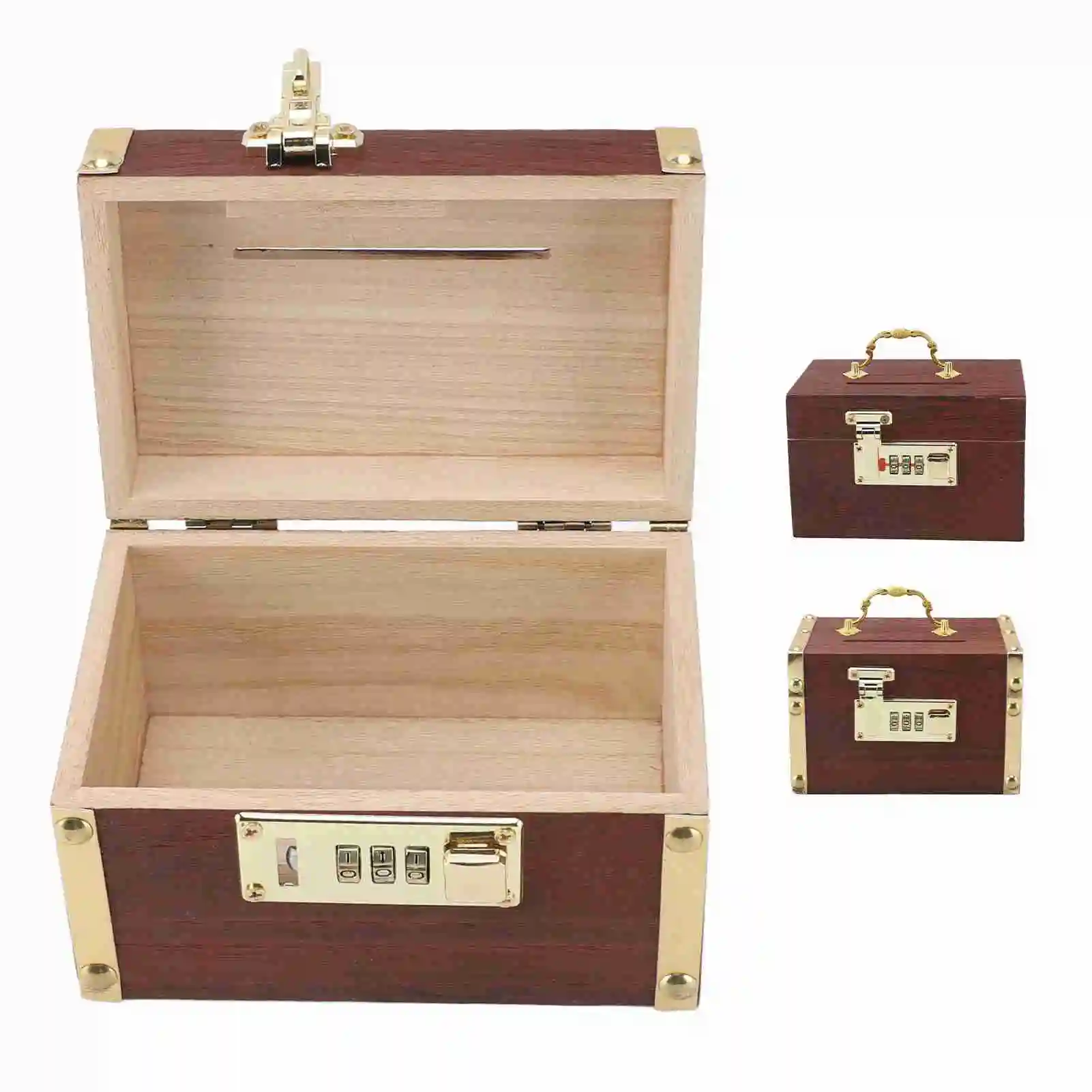 Wooden Treasure Chest Educational Large Capacity Locking Safety Multipurpose Wood Money Storage Box with Password Lock for Kids 6