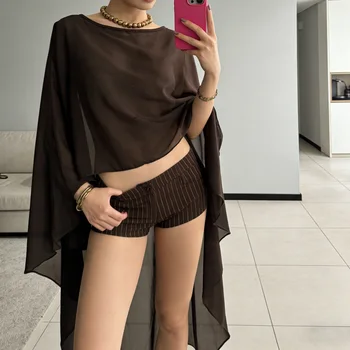 Women's Vintage Transparent Cape Top Chiffon Round Neck Irregular Shawl Flowing Mesh Semi Transparent Cape Beach Cover-Ups 1