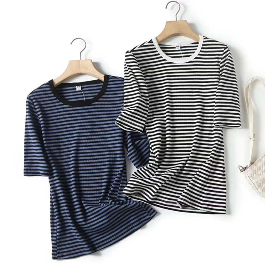

Maxdutti Summer T-shirt Women Basic Striped S-XL Fashion Simple Csual Knitted Rib Top