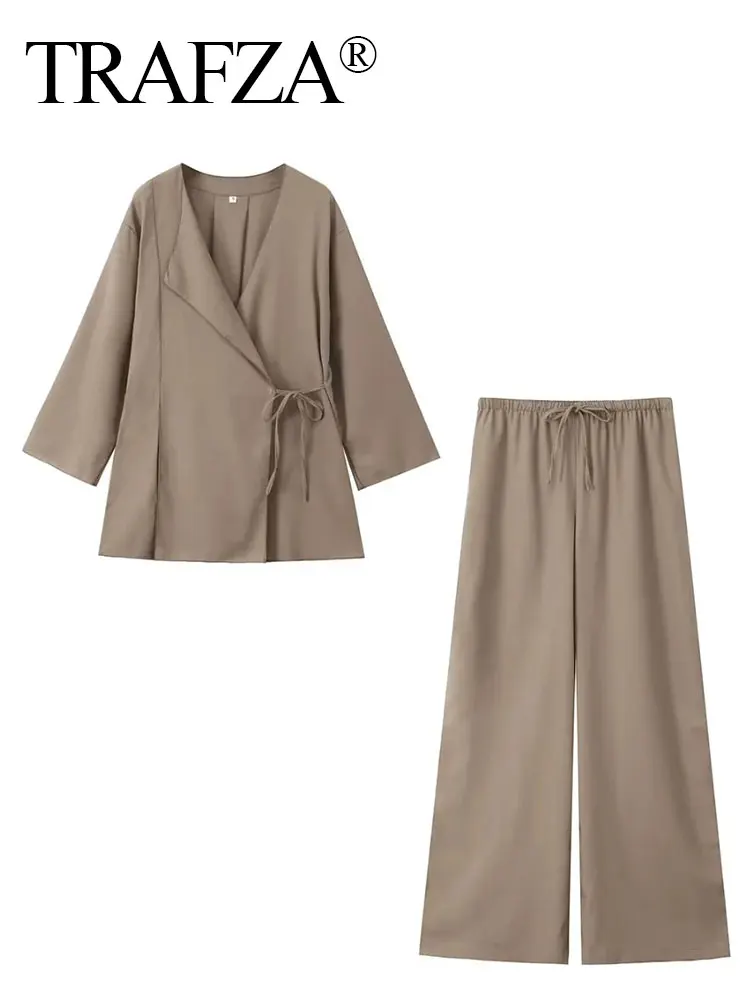TRAFZA Pajama Style Pants Sets Women Fashion Kimono Style Lace Up Shirt Top Elastic Waist Trousers Women's Casual Outfits TRAF