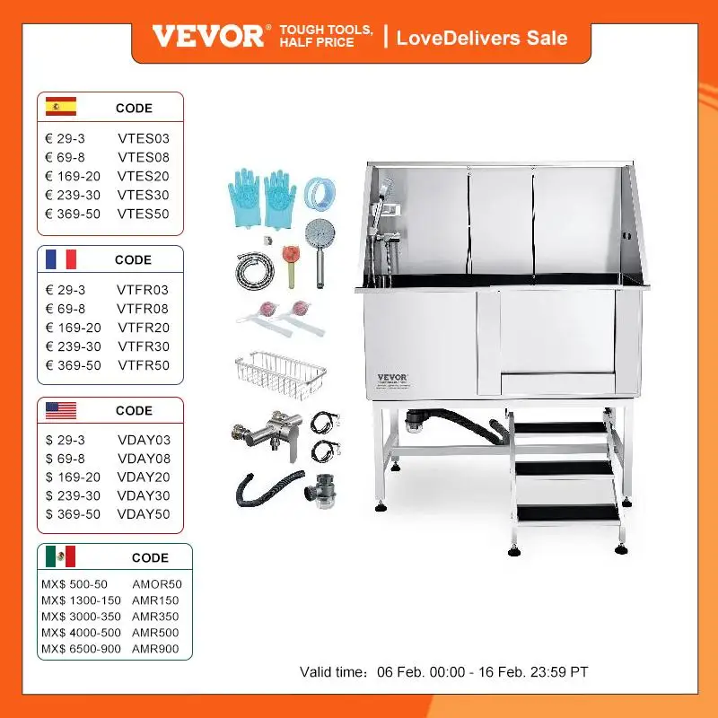 VEVOR 50″ Pet Dog Bathing Station with Stairs Faucet Bathtub Stainless Steel Dog Grooming Tub for Large Pets Washing Sink