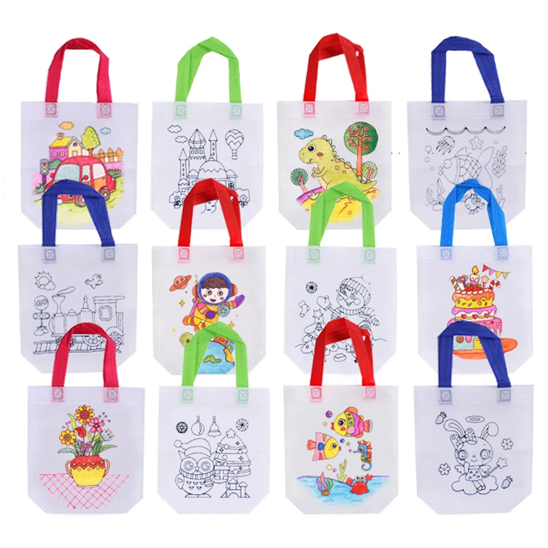 Graffiti Bags 5 Sets DIY Graffiti Bag with Markers Handmade Painting Non-Woven Bag for Children Arts Crafts Color Filling Drawing Toy