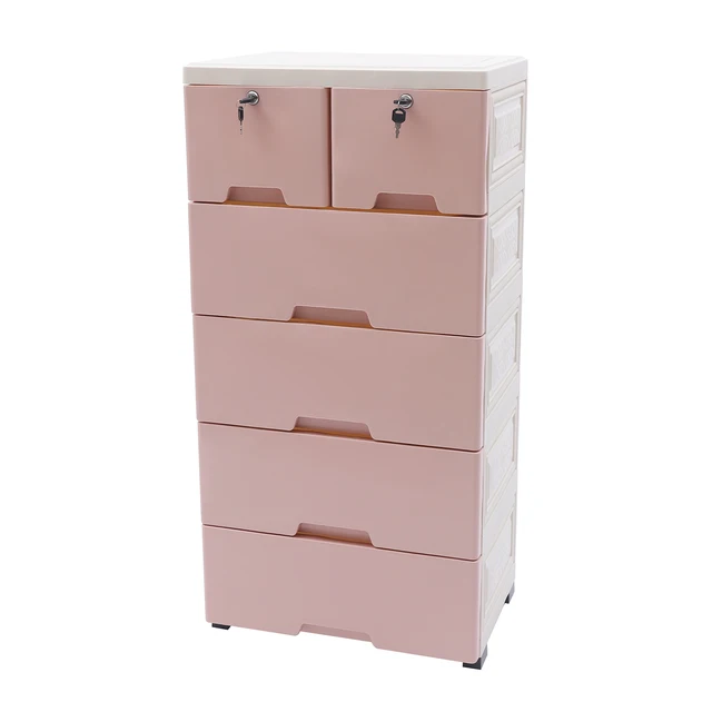 Pink & Blue Classic 6 Drawers Storage Cabinet W/4 Wheels Modern Plastic Drawer Dresser Multi-purpose Bedroom Closets Organizer 4