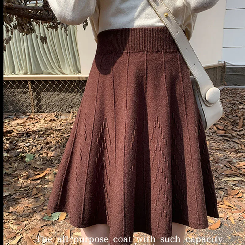 

Plated Knitted Mini Skirts Autumn Winter A-line Skirt Women Short College High Waist Skirt Casual Elastic Loose Girls Sweet N897