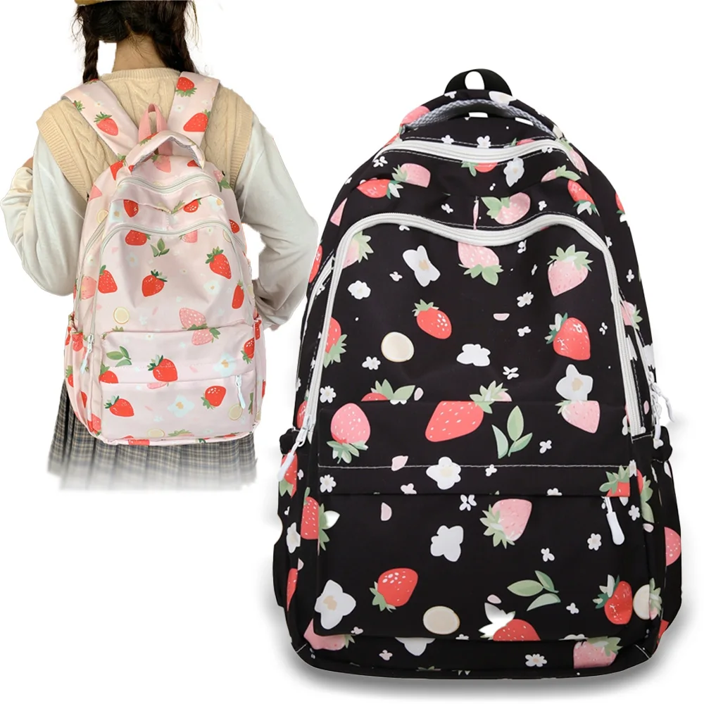 Cute Strawberry Print Nylon Backpack, Large Multi-Pocket Daypack, Lightweight Water-Resistant Bag for School & Daily Use 1