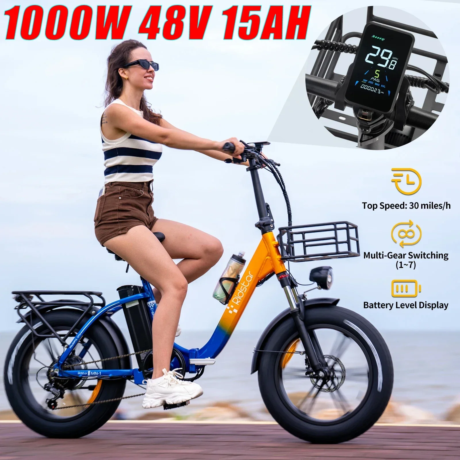 Electric bike 1000W 48V 15AH Lithium Battery 20 Inch Fat Tire Mountain E-Bicycle 30km/h woman city commuting Electric Bike
