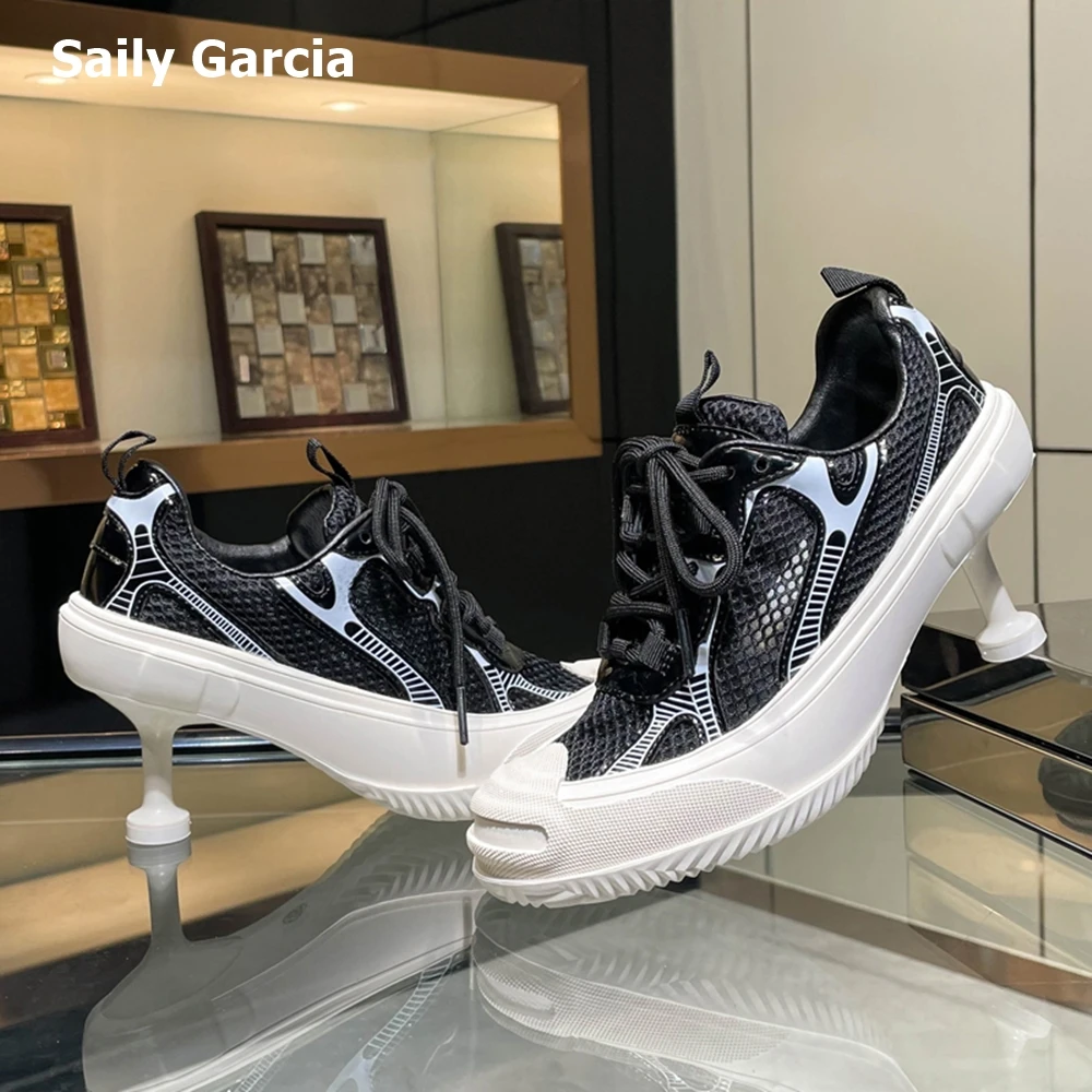 Round Toe Air Mesh Smile Lace Up Women Pumps 2023 New Fashion Platform Mid Heels Sneakers Catwalk Casual High Heeled Slippers