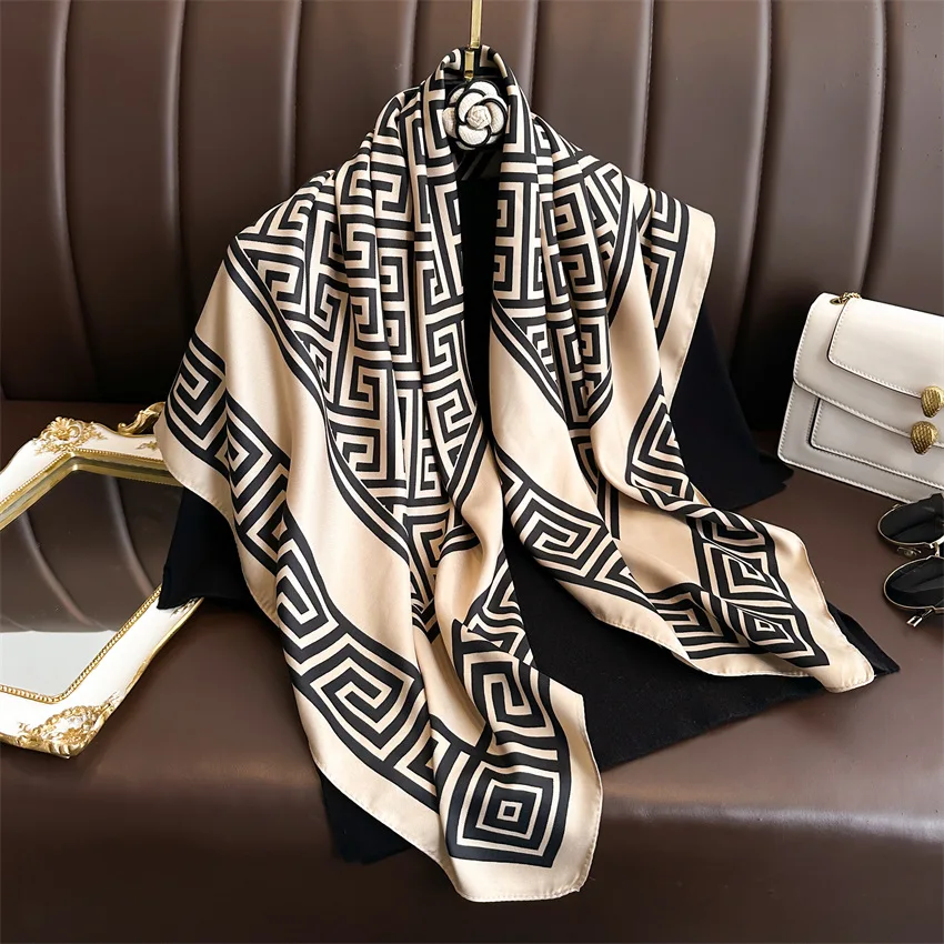 Luxury Fashion Printed Satin Scarf – 90x90CM Square Shawl, Elegant Headscarf, Beach Sun Protection Bandana Safety Accessories Scarves & sarongs