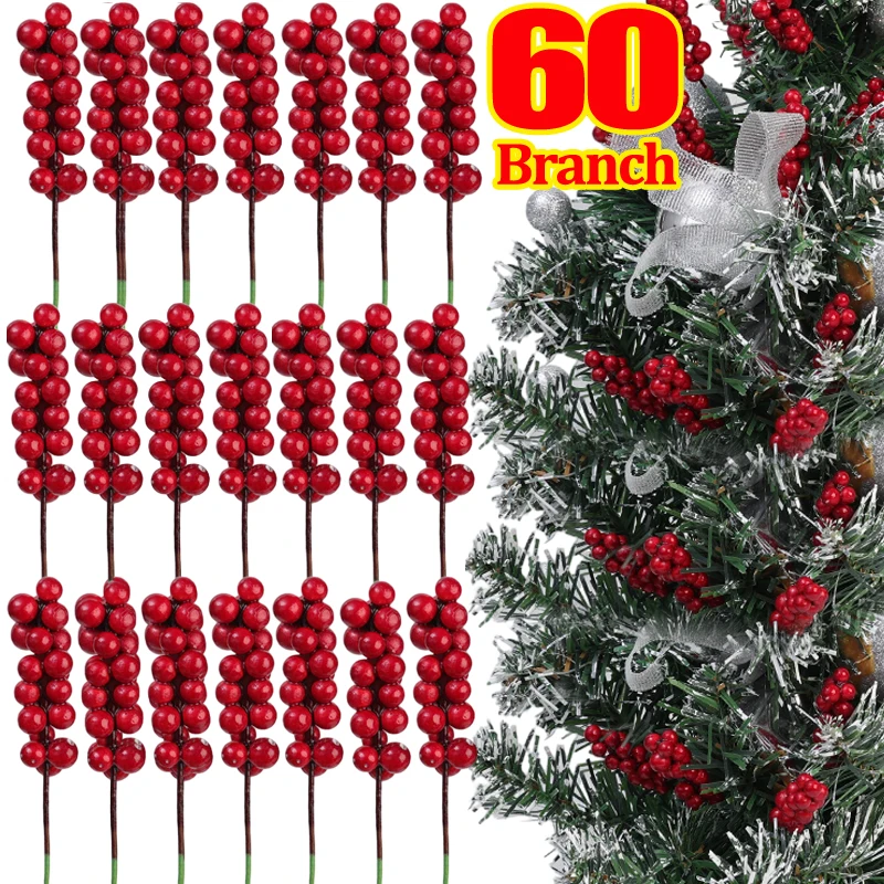 

1-60pcs Xmas Simulation Berry Branch Artificial Red Berries Flower Fruit Cherry Plant for Chriatmas Tree Home Party Decorations