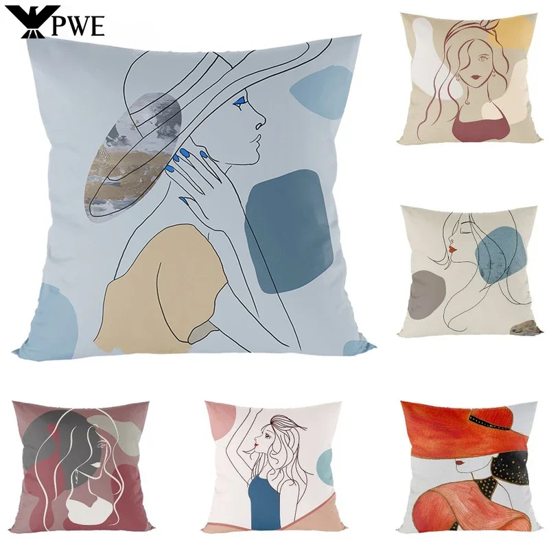 

Morandi Color Abstract Line Drawing Girls Print Polyester Cushion Cover Modern Abstract Art Sofa Decorative Throw Pillow 45x45cm
