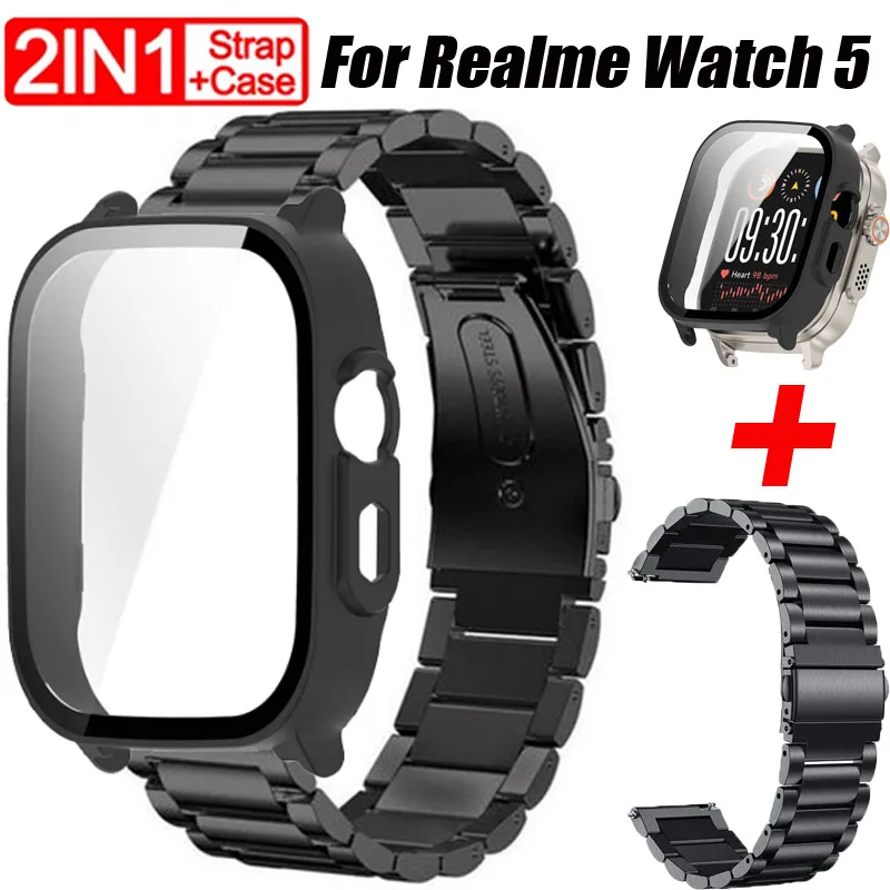 Tempered Glass Protective Shell with Stainless Steel Metal Band Bracelet