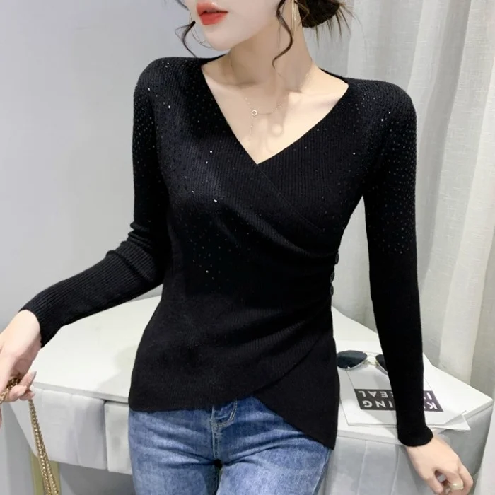 

#3818 Необычные свитера, женский свитер с запахом и V-образным вырезом, тонкий вязаный короткий облегающий женский свитер, пуловеры с длинным рукавом в Корейском стиле