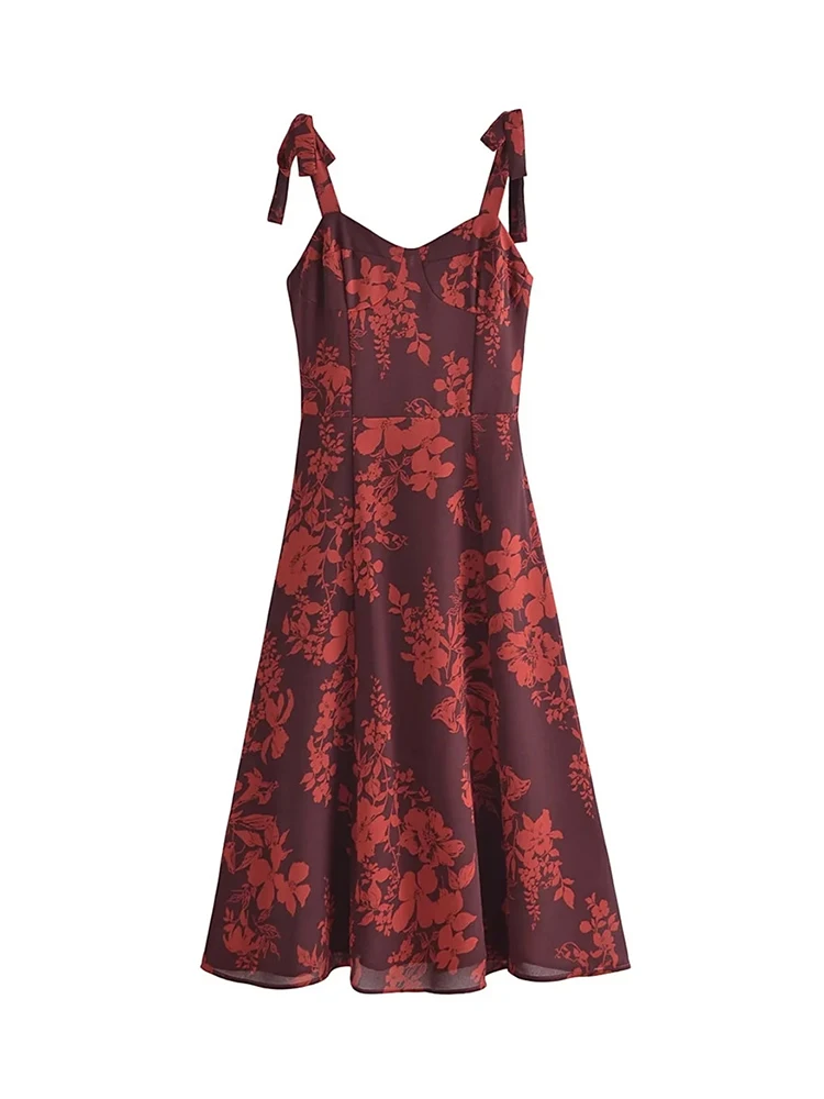 

Womens Elegant France Style Romantic Flower Print Red Slit Long Dress Girls Fashion High Waist Sling Elastic Dresses