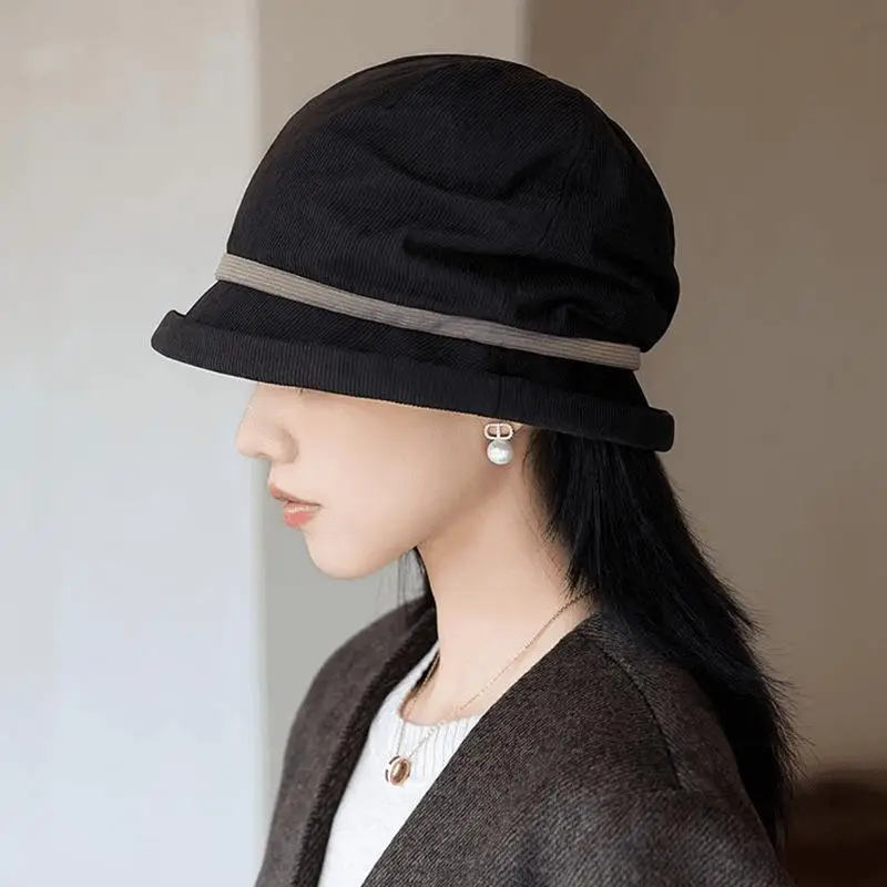 ómFunny Sigur Casual Cord-Eimerhut, warm, winddicht, Fisherman Caps, Retro-Beckenhut mit breiter Krempe – Detail 6