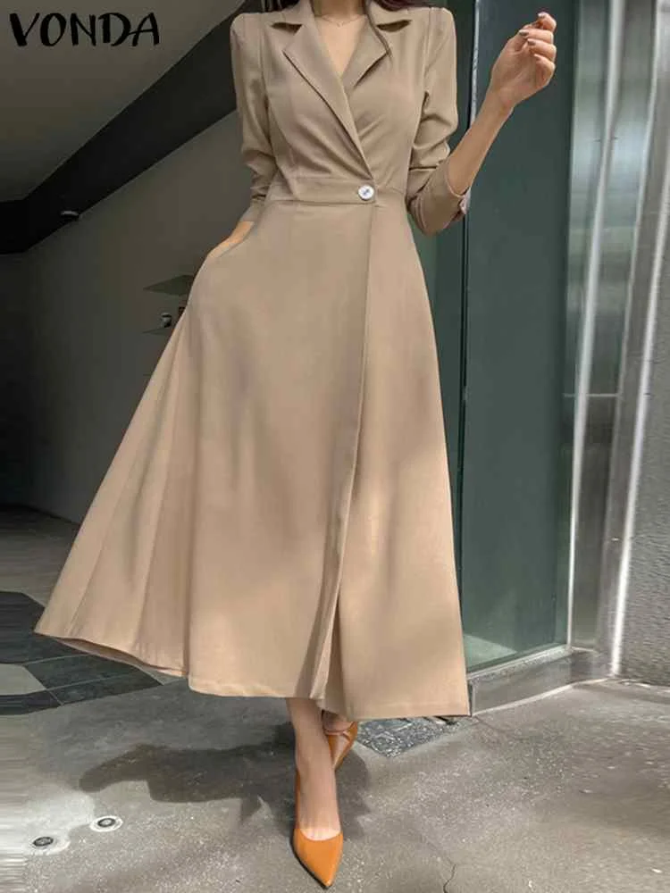 

VODNA Summer Elegant Long Sleeve Midi Dress 2023 Women Casual Solid Color Office Streetwear Sundress Loose Pleated Vestidos Robe
