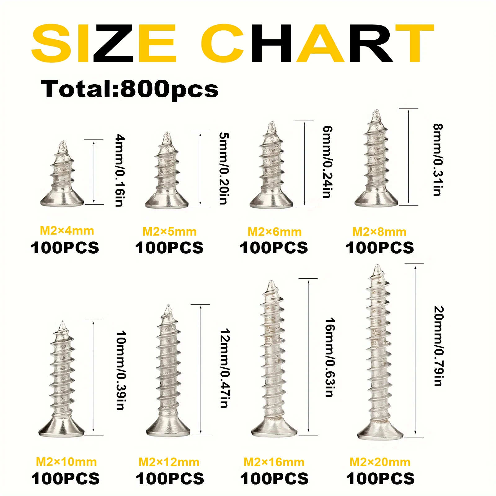 VKKM M2 Stainless Steel Self-Tapping Screws 800-piece Set with Multiple Specifications Efficient DIY Tools stainless steel screws