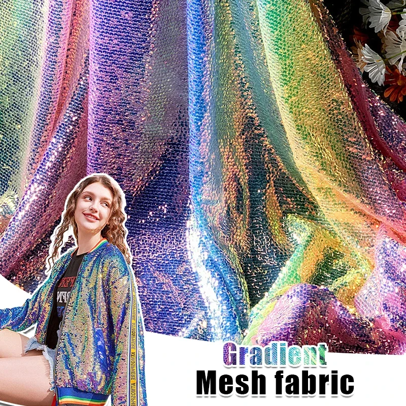 Gradient Rainbow Sequin Fish Scale Fabric Dress Suit DIY Sewing Craft Clothing Supplies 130cm Width