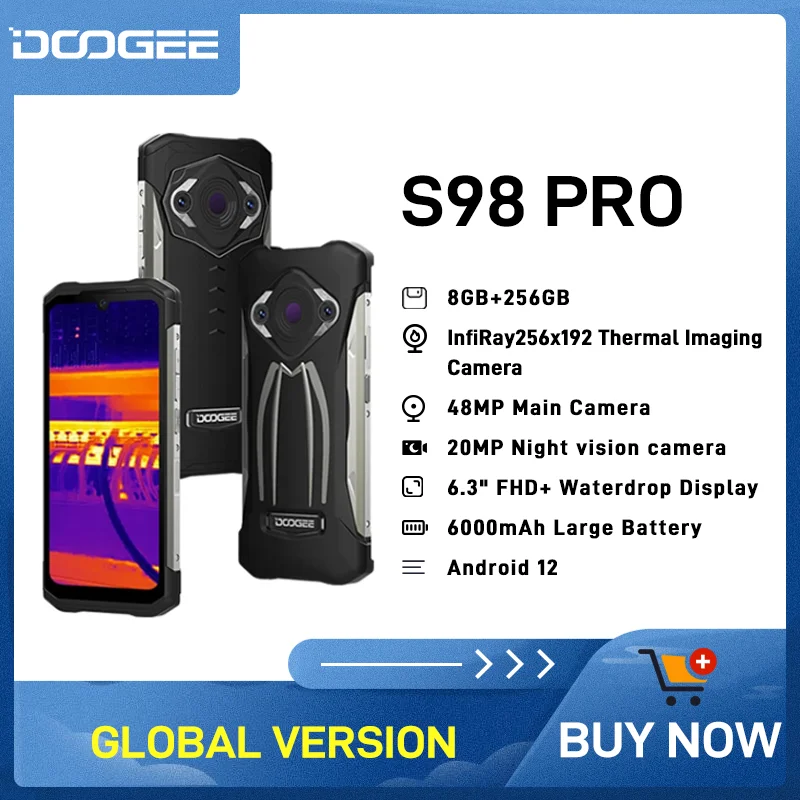 DOOGEE S98 Pro Rugged Phone 6.3 Thermal Imaging Camera 20MP Night Vision AI 48MP Camera  8GB 256GB 6000mAh Battery Mobile Phone agm glory pro 5g rugged phone 8gb 256gb android 11 flagship smartphone military grade thermal imaging camera mobile phones