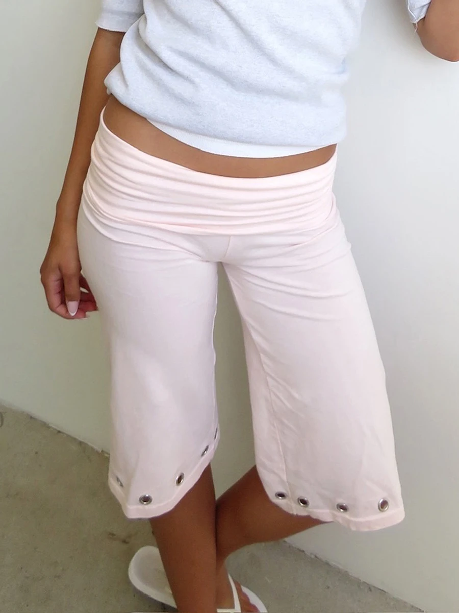 Women Capris Pants Summer Elastic Waist Solid Color Eyelets Casual Short Trousers Streetwear for Daily - 5