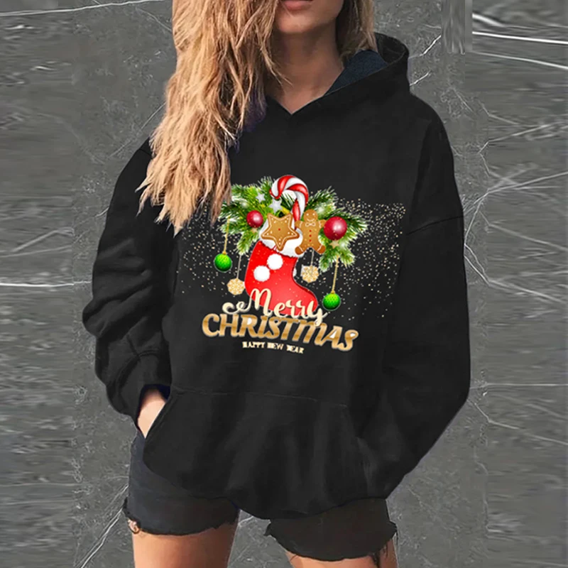 

Elegant Casual Christmas Print Hoodies Tops Autumn Long Sleeve Commute Loose Pullover Fashion Simple Pocket Street Sweatshirts