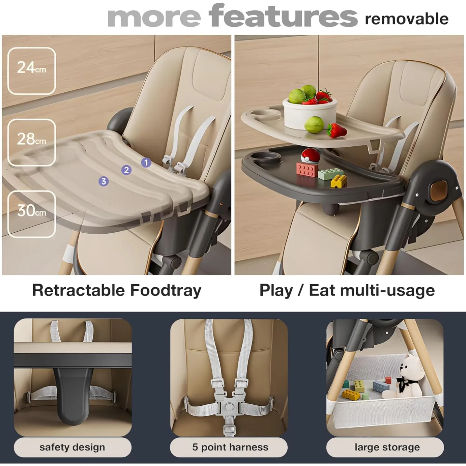 Baby High Chair Foldable High Chairs for Babies Toddlers Travel Compact Chair with Adjustable Height Foot Rest PU Cushion