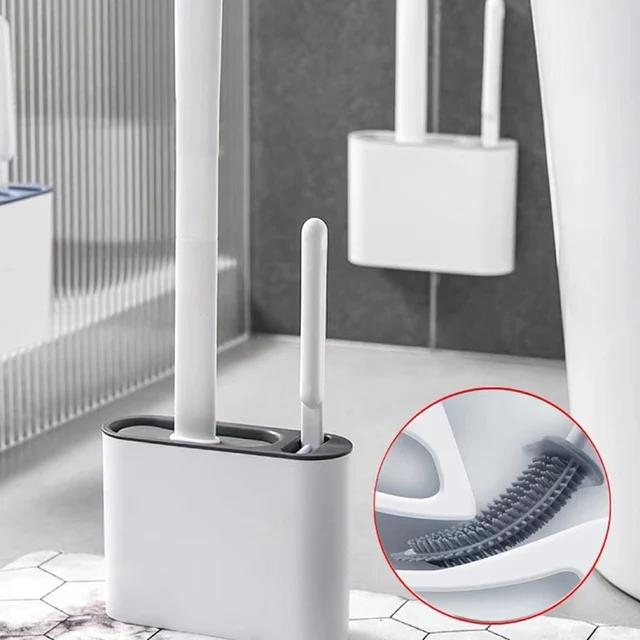 Porte-brosse de WC en silicone à long manche, séchage rapide, poils souples, accessoires ménagers 2