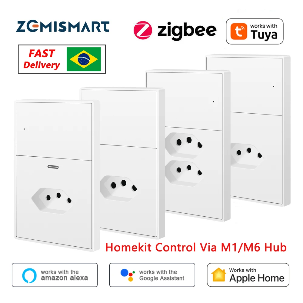 Zemismart zigbee tomada inteligente brasil com interruptor de luz 10a 20a tomadas com porta de carregamento tipo-c funciona com tuya home app via m1