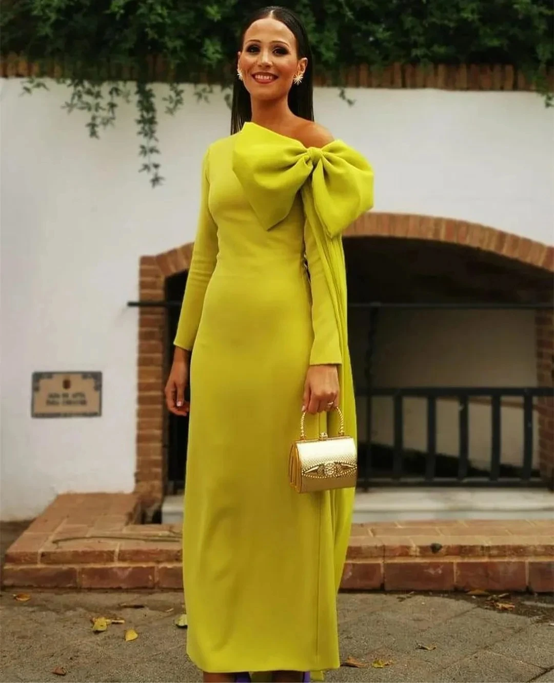 

Fairytale Elegant Green Crepe Evening Dresses With Bow فساتين سهرة Sheath Pleats Ankle Length Prom Dresses With Slit for Women P