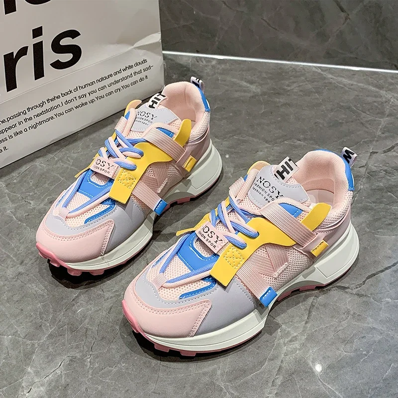 

New 2023 Luxury Quality Sneakers Women Lace Up Round Toe Thick Sole Comfort Running Shoes Unisex Mixed Color Casual Sports Shoes