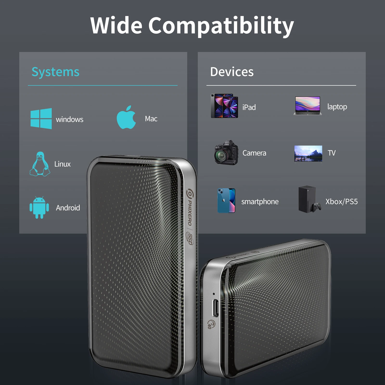 PHIXERO ޴ SSD  ϵ ̺ ũ, Xbox Ʈ ƮϿ, USB 3.2 C Ÿ ָ Ʈ ϵ ũ, 40Gbps 1 2 TB, 1T 2 T