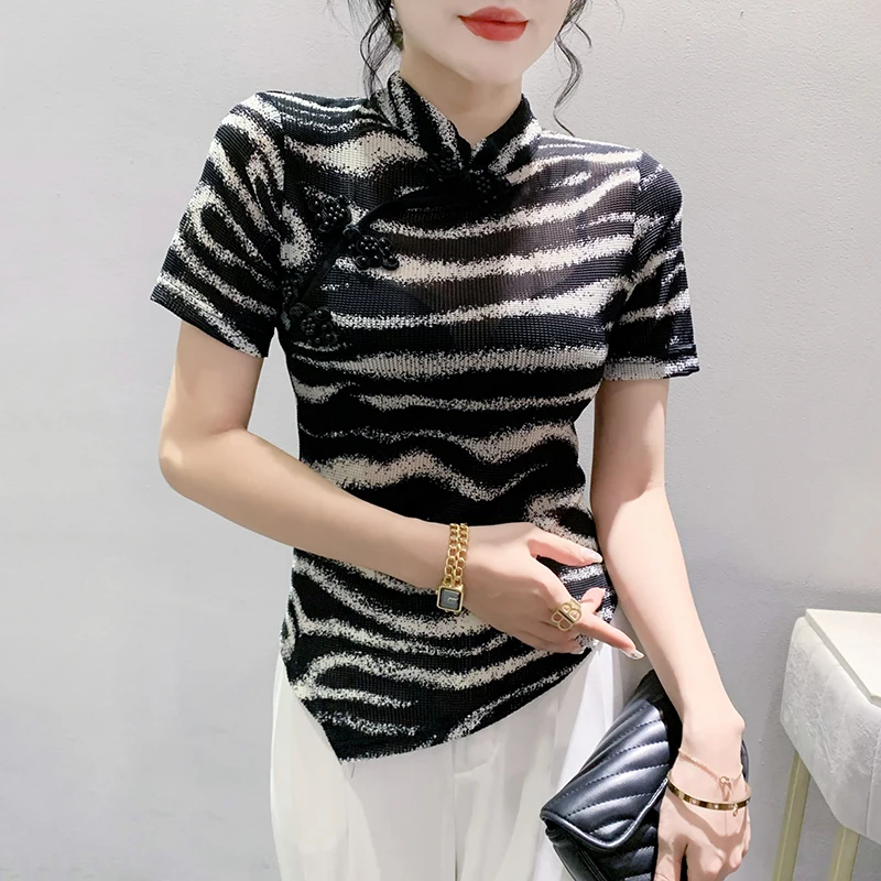 

2024 New Chinese Style Button Zebra Pattern Asymmetrical Female T-shirt Spring Summer Silm Woman S-3XL Short Sleeve Stand Collar