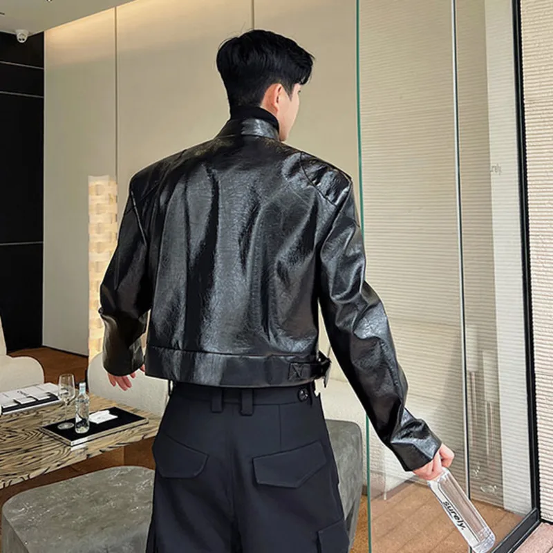 Fashion Men Leather Jacket Streetwear Zipper Stand Collar Rubbed Pattern Leather Coats Streetwear Loose Casual Crop Jackets