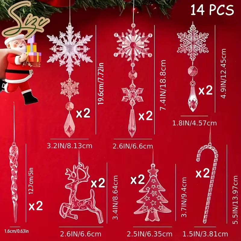 14Pcs Christmas Acrylic Ornaments Set Clear Snowflake Icicle Xmas Tree Hanging Pendants Christmas Home Decoration New Year Gifts