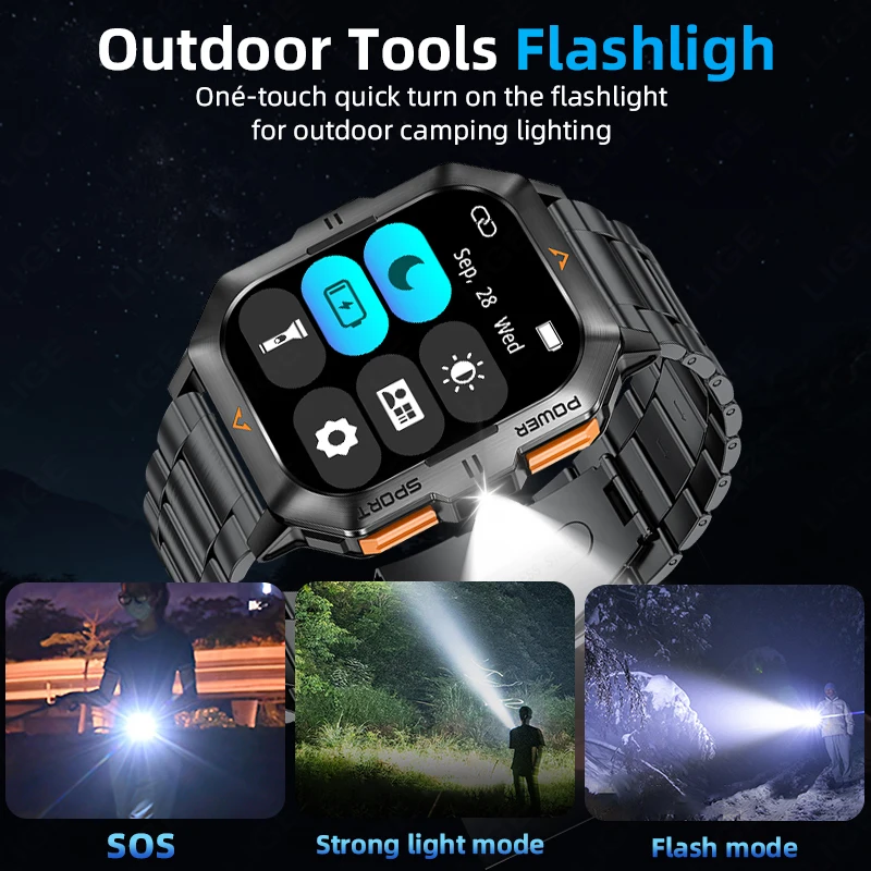 LIGE Outdoor Sports Smart Watch 2.01”HD Screen Blood Oxygen LED Flashlight Bluetooth Talking Smart Watch for Men Holiday Gifts