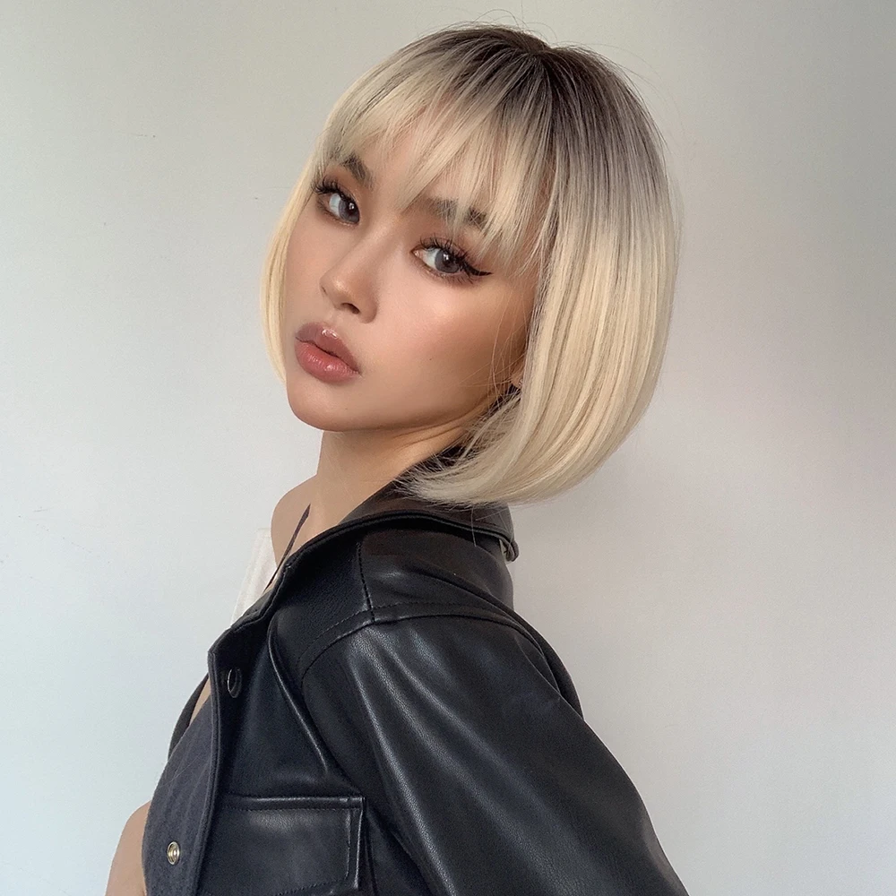 Platinum Sarı Ombre Sentetik Bob Peruklar Patlamalı Kısa Düz Doğal Saç Peruk Kadınlar İçin Günlük Parti Isıya Dayanıklı Fiber_voghion.com