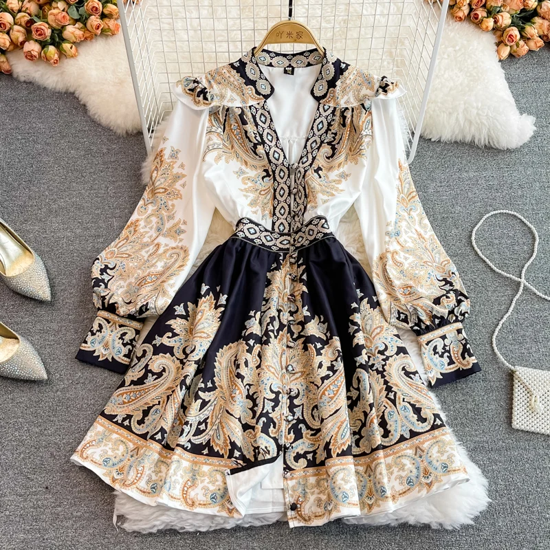 

Elegant Women's Long Dresses Spring Summer Sexy Runway Paisley Print Vintage V Neck Long Lantern Sleeve Beach Party Mini Dress