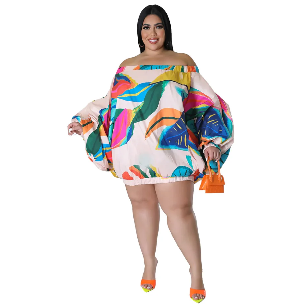 Plus Size Dress L-4XL Satin Leaves Printed Loose Mini Dress Ladies Vintage Slash Neck Long Sleeve Short Vestidos Streetwear Robe muslim arabian long skirt stripe print plus size casual women s loose bat sleeve african dress 2022 spring ladies robe vestidos