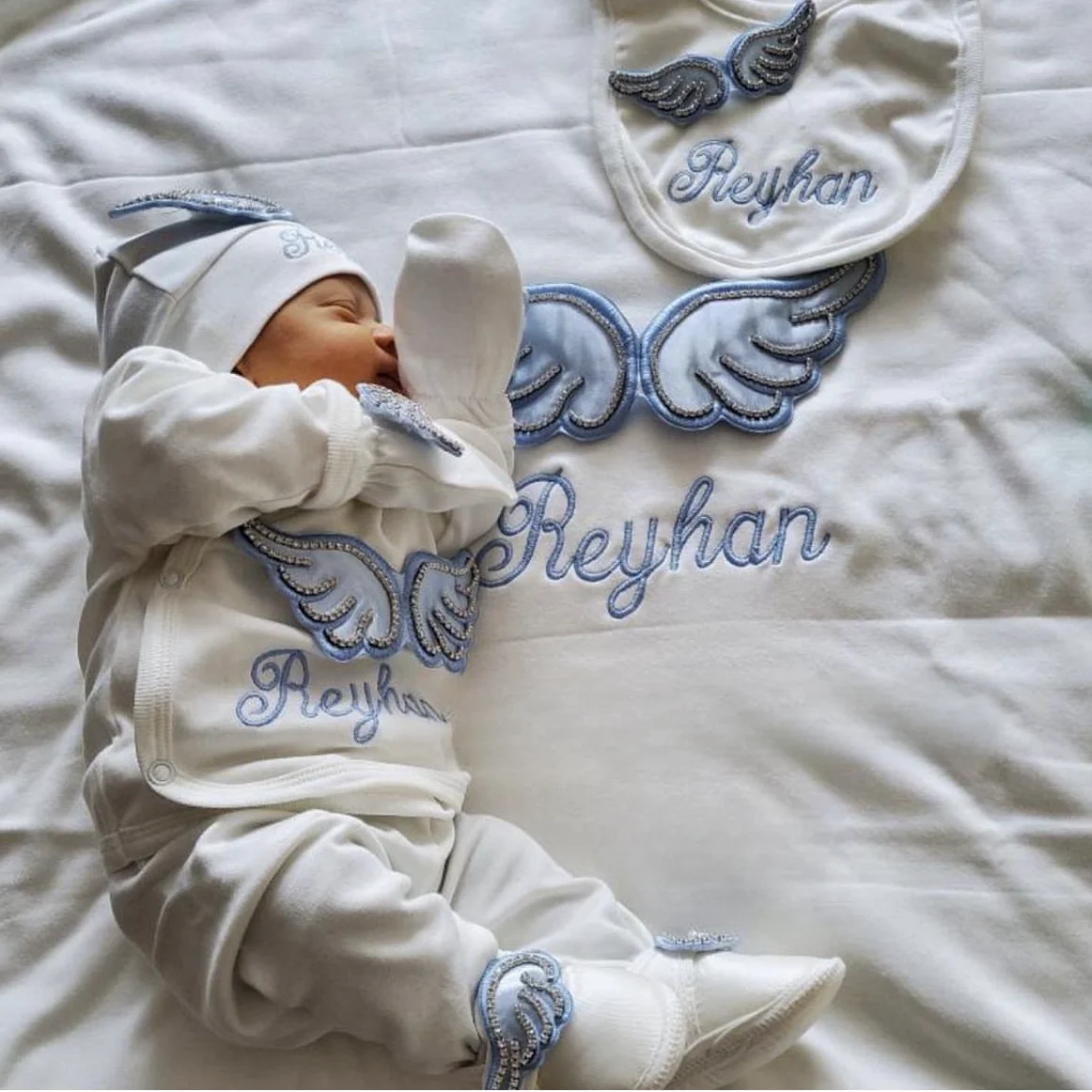 Hospital Exit Newborn Wings Romper & Swaddle Set - Embroidered Blanket and Nursery Bedding Collection