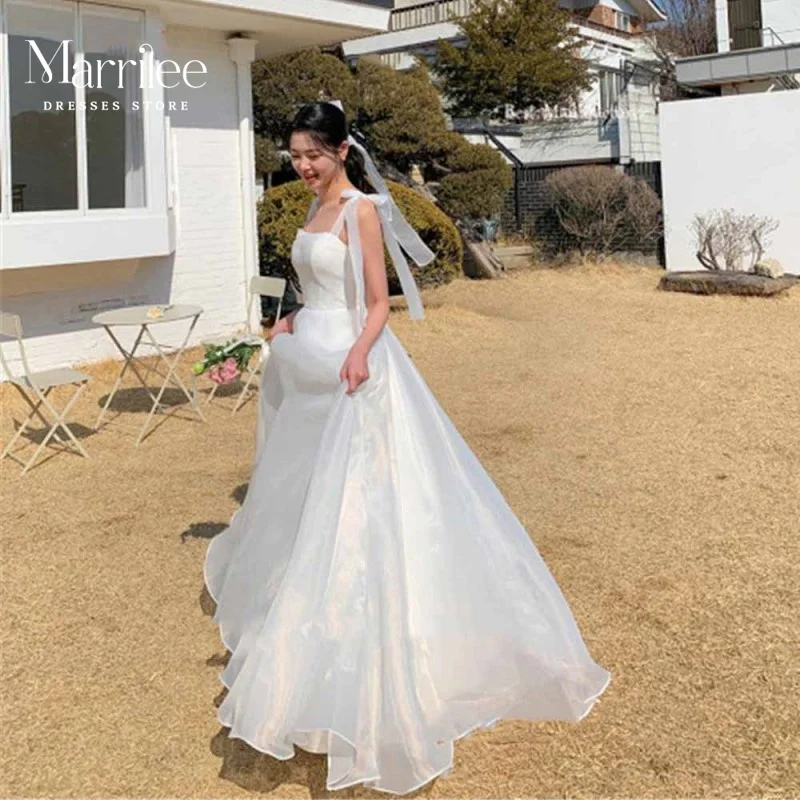 

PhotoShoot Korea Wedding Dress Morden Ribbon A line Tulle Bridal Gown Sleeveless Formal Party Dresses For Women Sweep Trian 2024