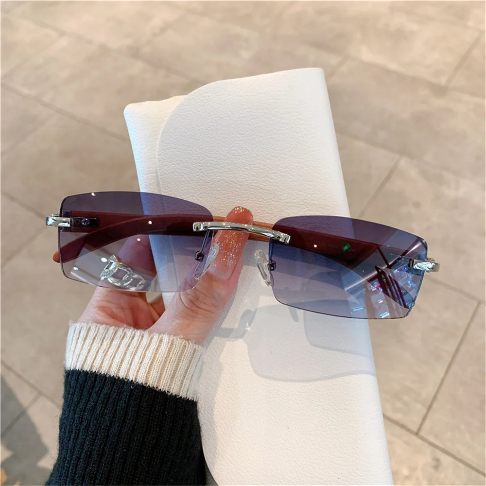  - Rectangle Rimless Sunglasses Wooden Frame Eyewear Luxury Brand Design Women Men Small Square Sun Glasses for Male Traveling 2023
