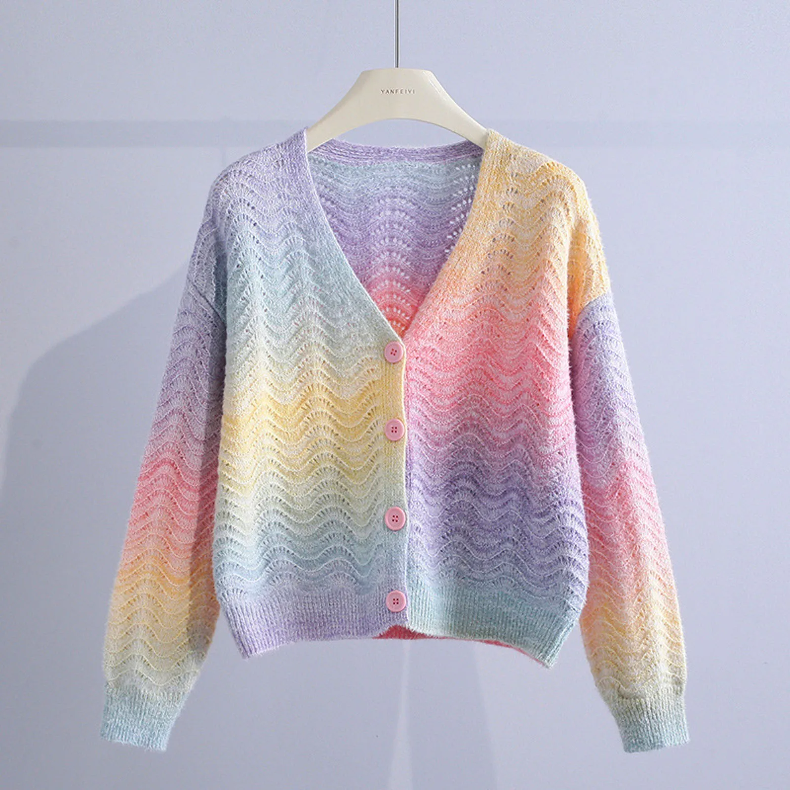 

V Neck Knitwear Tops Plus Size Cropped Sweater Female Coat Winter Long Sleeve Warm Gradient Y2K Sweaters Women Knitted Cardigan