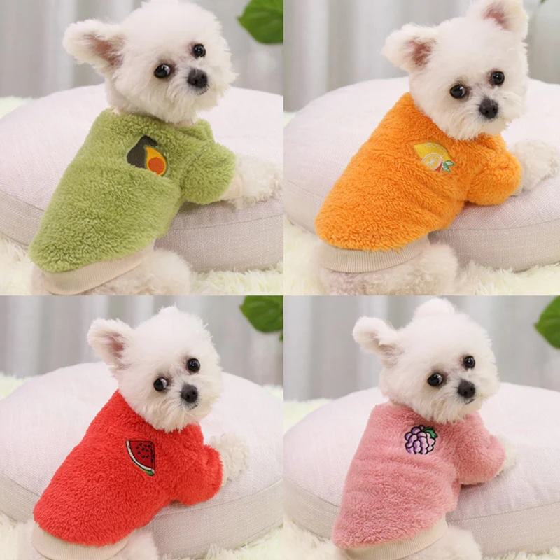 따뜻한 강아지 옷 귀여운 과일 인쇄 강아지 스웨터 애완 동물 고양이 풀오버 의류 양털 겨울 플러시 코트 작은 개 스웨터에 대한