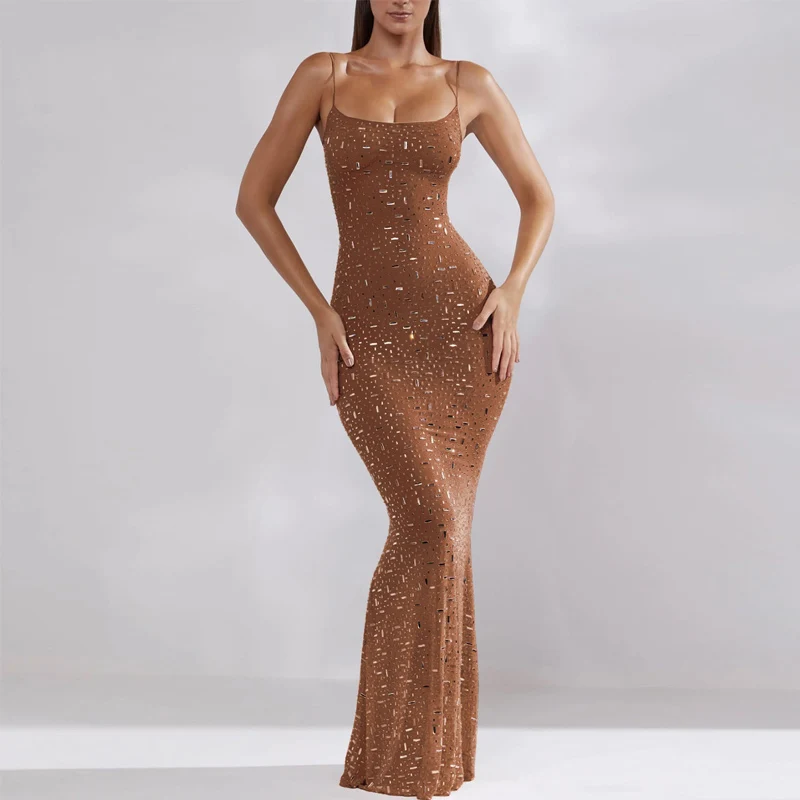 

Sexy Slash Neck Slim Fit Mermaid Evening Dress Women Spring Diamonds Shiny Sling Long Dress Spring Summer Hollow Boho Maxi Dress