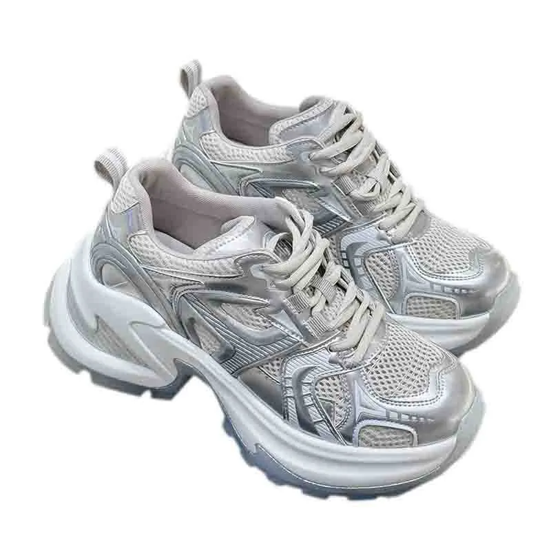 Thick soled dad shoes for women's 2024 summer new Korean version breathable mesh increase casual sports shoe trend