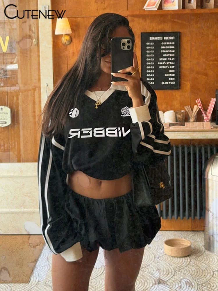 Casual Women Sweatshirts Panelled Letter Print Lapel Stripe Oversized Track Tops Female Basic Autumn New Streetwear Tees