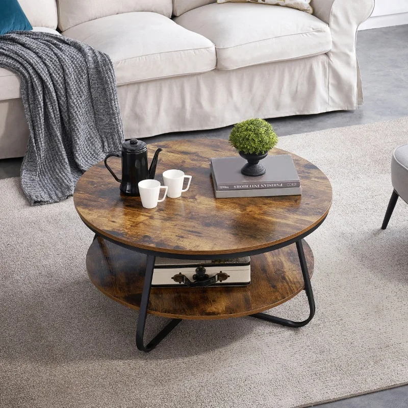 

GEZEN Round Coffee Table with Open Storage, 38.5" Wood Sofa Rustic Accent Sturdy Metal Legs for Living Room